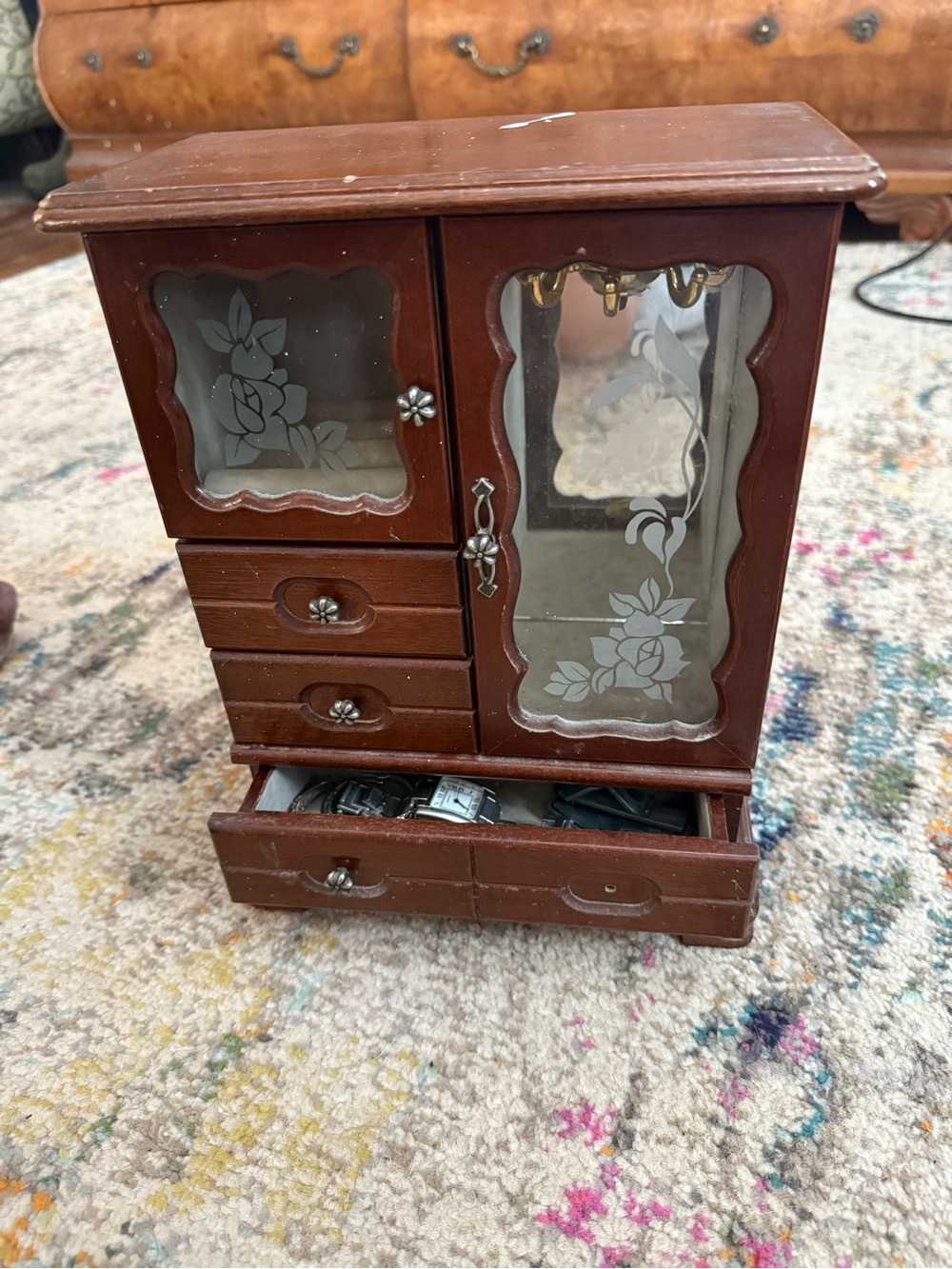 Wooden Brown Jewelry Organizer Cabinet with Etched Glass